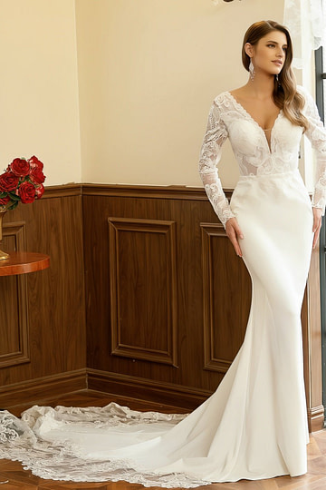 Kimberley | Long Sleeve Lace Mermaid V Neck Ivory Wedding Dress with Cathedral Train - Ivory - PromDressClub