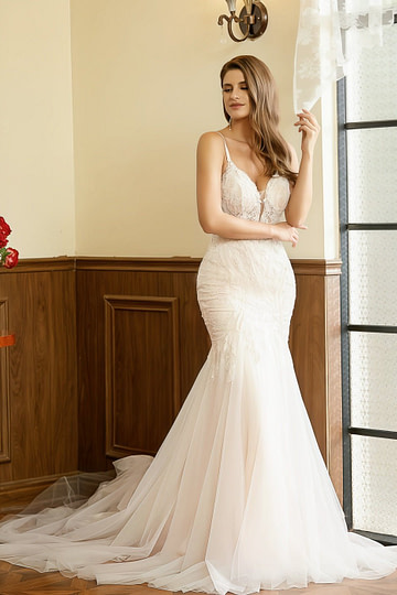 Kitty | Stunning Mermaid V Neck Lace and Tulle Wedding Dress with Cathedral Train - Ivory - PromDressClub