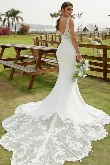 Kristin | Mermaid Scoop Neck Lace and Satin Wedding Dress with Long Train for Outdoor Weddings - Ivory - PromDressClub