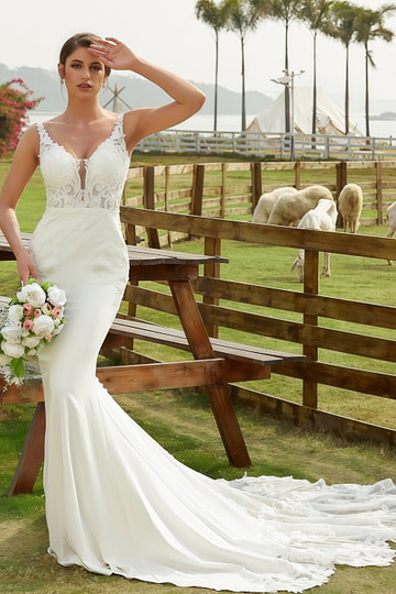 Kristin | Mermaid Scoop Neck Lace and Satin Wedding Dress with Long Train for Outdoor Weddings - Ivory - PromDressClub