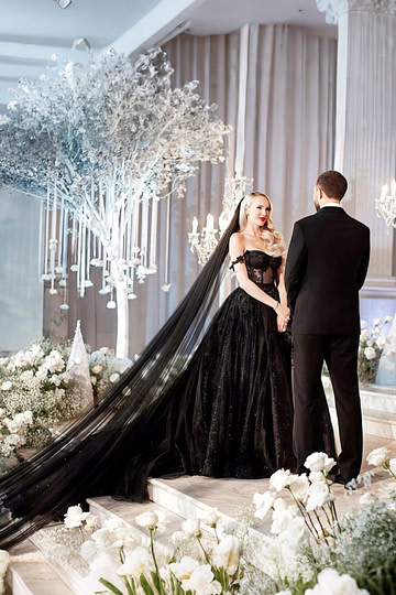 Obsidian Mystery Black Lace Wedding Gown Under 500 Dollars with Elegance Off the Shoulder - Akaks