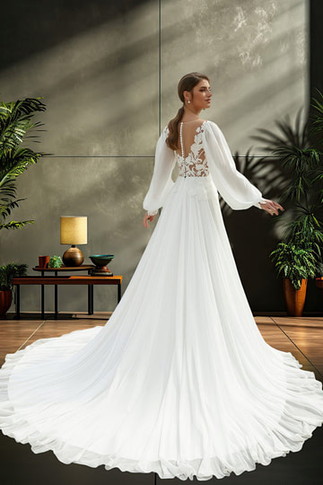 Laura | A Line/Princess Long Puff Sleeve Lace Chiffon Wedding Dress with Chapel Train - Ivory - PromDressClub