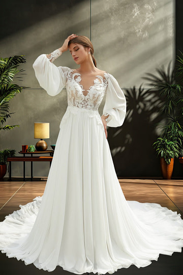 Laura | A Line/Princess Long Puff Sleeve Lace Chiffon Wedding Dress with Chapel Train - Ivory - PromDressClub
