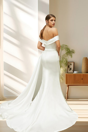 Laura | Elegant Off the Shoulder Mermaid Satin Ruched Wedding Dress with Train - Ivory - PromDressClub