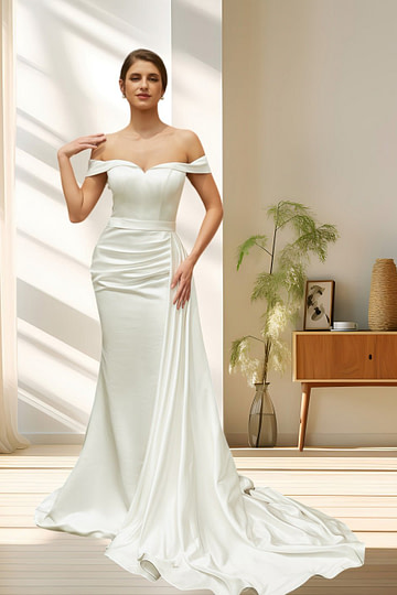 Laura | Elegant Off the Shoulder Mermaid Satin Ruched Wedding Dress with Train - Ivory - PromDressClub