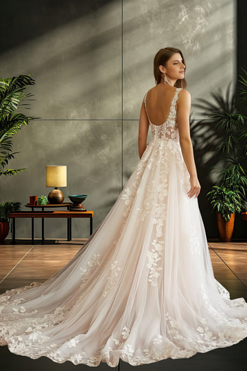 Lauren | Elegant A Line/Princess Square Neck Lace and Tulle Wedding Dress with Long Train - Ivory - PromDressClub