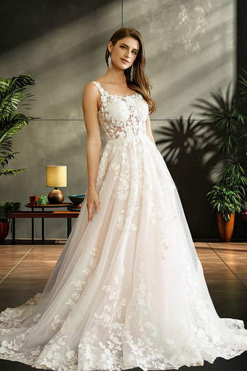 Lauren | Elegant A Line/Princess Square Neck Lace and Tulle Wedding Dress with Long Train - Ivory - PromDressClub