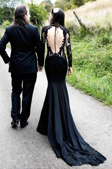 Lauren | Elegant Black Mermaid Lace Wedding Dress with Long Sleeves and Open Back - Black - PromDressClub