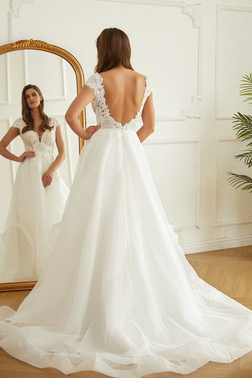 Lauren | Elegant Lace and Organza V Neck Short Sleeve Wedding Dress with Court Train - White - PromDressClub