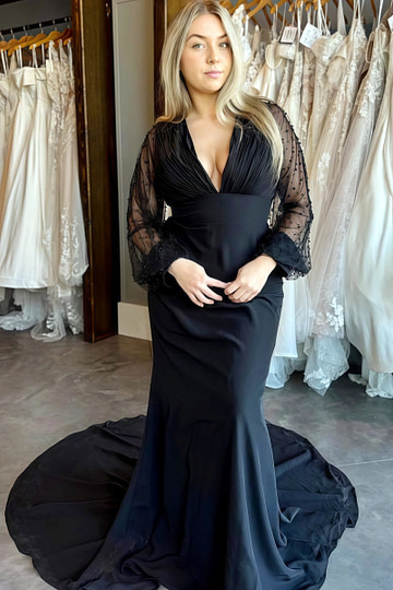 Black Mermaid Wedding Dress Under 500 Beaded Long Sleeves
