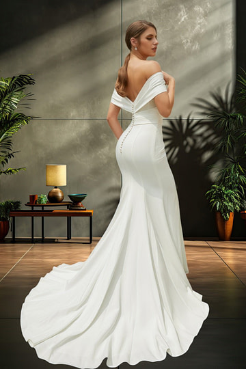 Lee | Off the Shoulder Mermaid Ruched Wedding Dress with High Slit and Brush Train - Ivory - PromDressClub