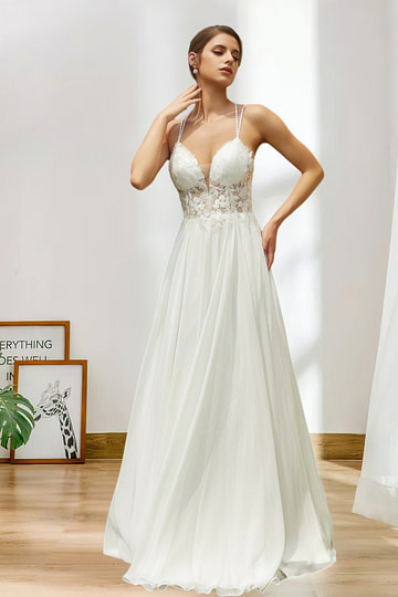 Leila | A Line/Princess Spaghetti Strap V Neck Chiffon Lace Backless Bridal Gown with Train - Ivory - PromDressClub
