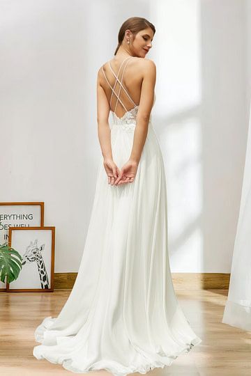 Leila | A Line/Princess Spaghetti Strap V Neck Chiffon Lace Backless Bridal Gown with Train - Ivory - PromDressClub