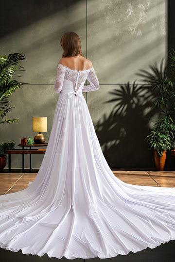 Lena | A Line/Princess Off the Shoulder Long Sleeve Satin and Lace Wedding Dress with Cathedral Train - White - PromDressClub