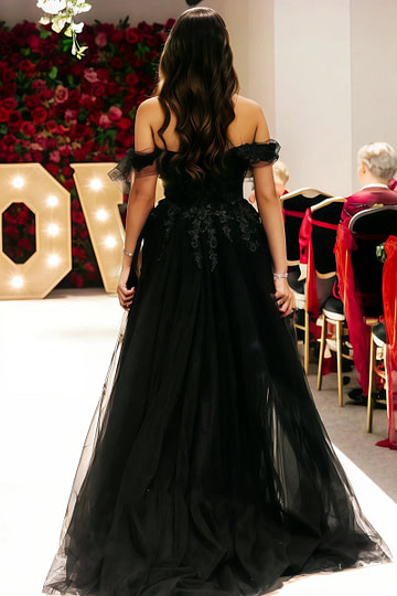 Lenora | Timeless Elegance Off Shoulder Gothic Black Wedding Dress for Bold Brides - Black - PromDressClub