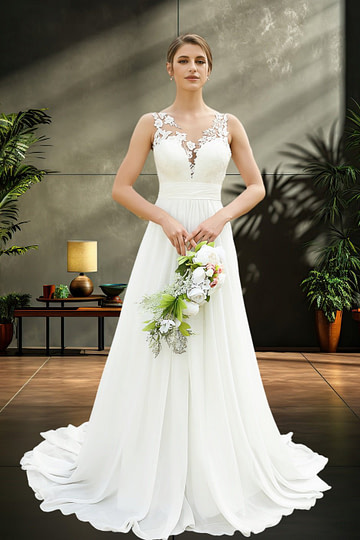 Leona | Boho A Line/Princess V Neck Lace and Chiffon Wedding Dress with Sweep Train - Ivory - PromDressClub