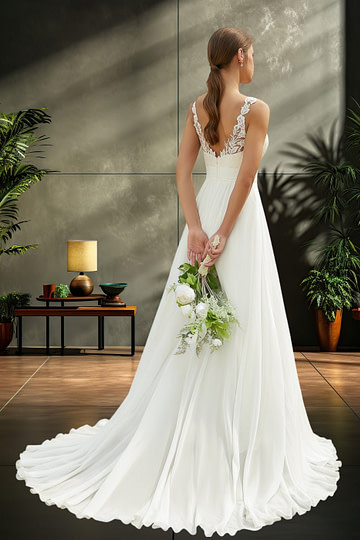 Leona | Boho A Line/Princess V Neck Lace and Chiffon Wedding Dress with Sweep Train - Ivory - PromDressClub