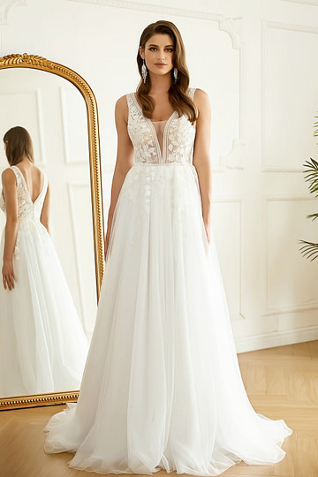 Lesley | Stunning A Line/Princess V Neck Applique Lace Tulle Wedding Dress with Sweep Train - White - PromDressClub