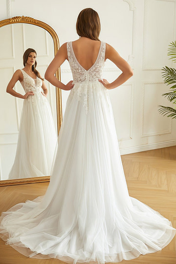 Lesley | Stunning A Line/Princess V Neck Applique Lace Tulle Wedding Dress with Sweep Train - White - PromDressClub