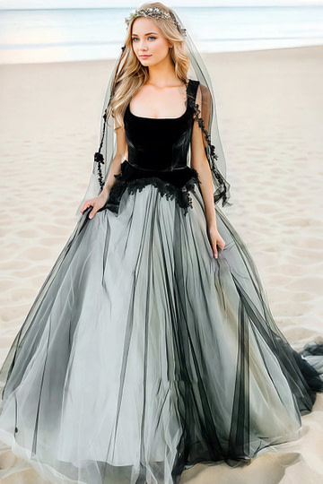 Dew-kissed Radiance Black and White Bridal Dresses Under 500 Square Neck A line Timeless Elegance - Akaks