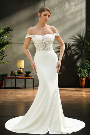 Letitia | Off the Shoulder Lace Satin Mermaid Wedding Dress with Long Train - Ivory - PromDressClub