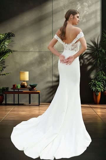 Letitia | Off the Shoulder Lace Satin Mermaid Wedding Dress with Long Train - Ivory - PromDressClub