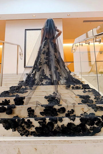 Lila | Elegant Black Lace Wedding Dress with Sheer Veil for Modern Brides - Black - PromDressClub