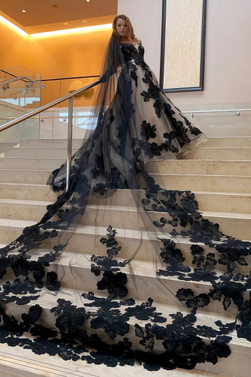 Lila | Elegant Black Lace Wedding Dress with Sheer Veil for Modern Brides - Black - PromDressClub