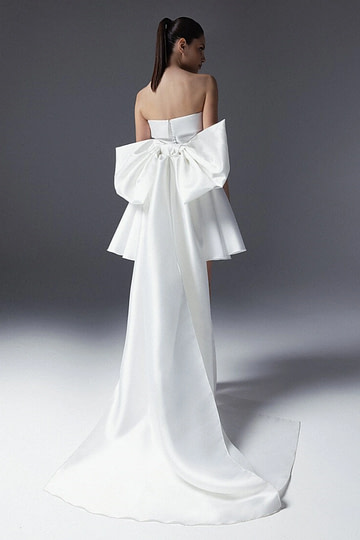 Lillian | Elegant Short Satin Strapless Wedding Dress with Bow Back Detail - White - PromDressClub