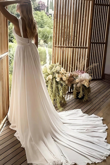 Lindsay | Elegant A Line Sweetheart Pleated Bodice Wedding Dress with Slit and Court Train - Champagne - PromDressClub