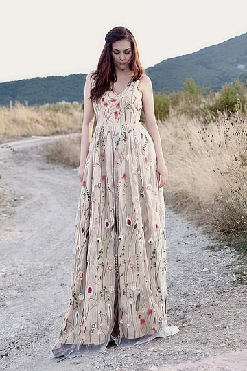 Lorraine | Find Your Dream Floral A - Line Pink Wedding Dress Now - Champagne Floral - PromDressClub