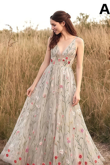 Lucia | Floral Champagne Wedding Dresses – Custom Colors & All - Day Comfort - Champagne Floral - PromDressClub