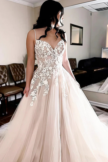 Lydia | Gorgeous A Line/Princess Spaghetti Strap Lace Appliques Wedding Dress with Long Train - Ivory - PromDressClub