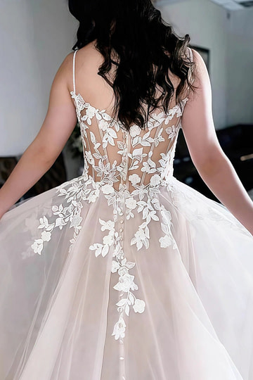 Lydia | Gorgeous A Line/Princess Spaghetti Strap Lace Appliques Wedding Dress with Long Train - Ivory - PromDressClub