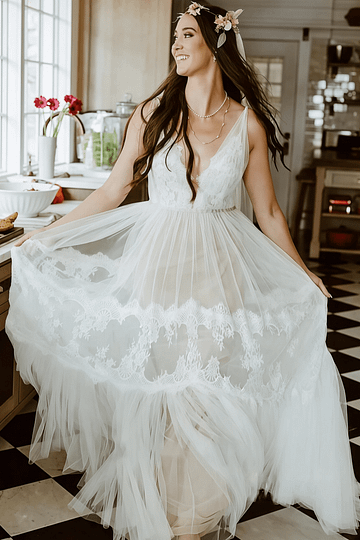 Mag | Bohemian A Line Backless Lace Tulle Wedding Dress - Perfect for Outdoor Weddings - White - PromDressClub