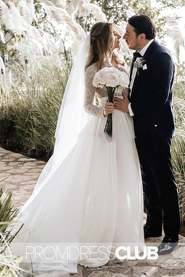 Mag |Long White Wedding Dresses Near Me With Luxurious Lace Beading Long Sleeves A - Line Pleated Tulle - Price #price_variant_lowest# - White - PromDressClub