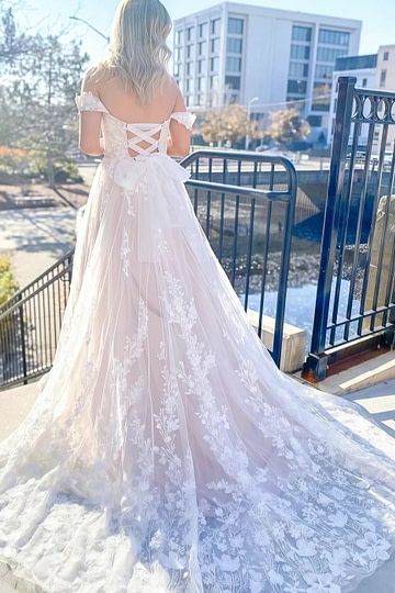 Maggie | Elegant Sunlit Off the Shoulder Sweetheart Neck Backless Wedding Dress with Floral Embroidery – Perfect for Garden or Rustic Weddings - Ivory - PromDressClub