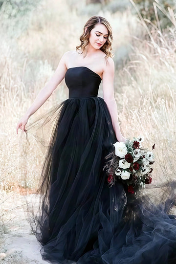 Mamie | Gothic Black Corset Strapless Backless Wedding Dress Train - Black - PromDressClub