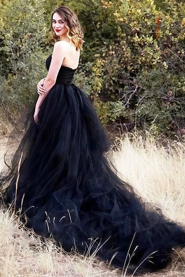 Mamie | Gothic Black Corset Strapless Backless Wedding Dress Train - Black - PromDressClub