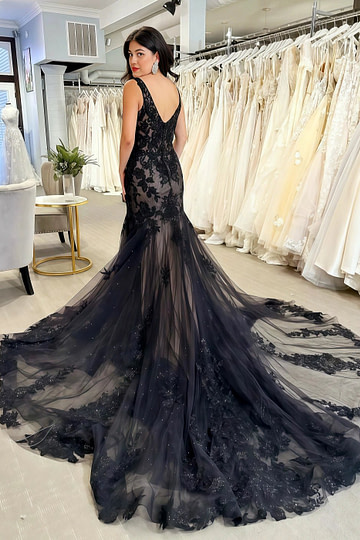 Mandy | Gothic Black Mermaid V Neck Lace Wedding Dress with Long Train - Black - PromDressClub