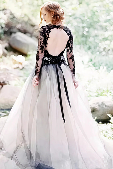 Marcia | Boho Black and White Princess Long Sleeve Backless Wedding Dress - Black - PromDressClub