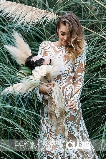 Marcia |Long Sleeve Wedding Dresses White Boho Mermaid Lace with Beach - Price #price_variant_lowest# - White - PromDressClub