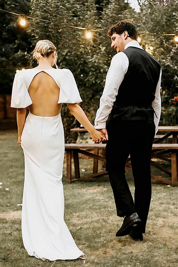 Marguerite | Chic Sheath/Column V Neck Puff Sleeve Backless Ivory Satin Wedding Dress - Ivory - PromDressClub