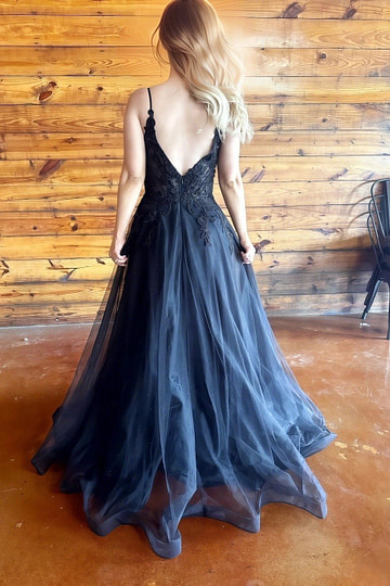 Marian | Gothic Black A Line Spaghetti Strap Open Back Lace Wedding Dress - Black - PromDressClub
