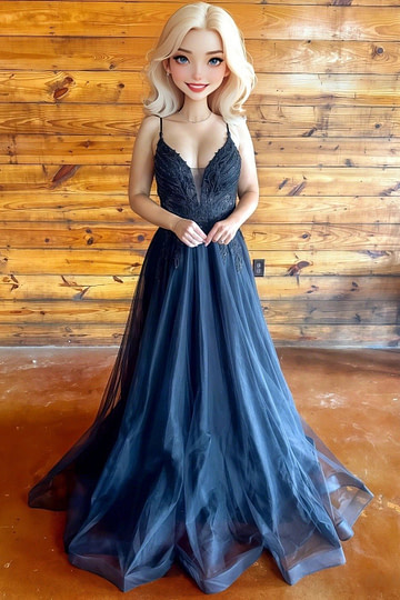 Marian | Gothic Black A Line Spaghetti Strap Open Back Lace Wedding Dress - Black - PromDressClub