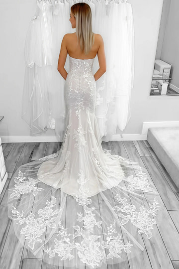 Martha | Stunning Mermaid Strapless Sweetheart Neck Lace Wedding Dress with Long Train - White - PromDressClub