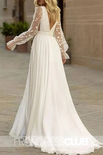 Martina |Long Fall Wedding Dresses Near Me With Sleeve Boho Flowy Lace A - Line V - Neck Beach Gown Split Front and Sweep Train - Price #price_variant_lowest# - White - PromDressClub