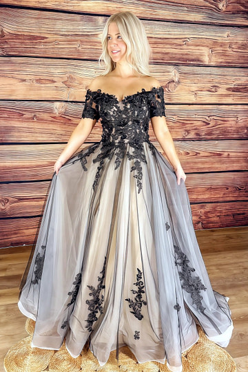 Mary | Black and White Off the Shoulder Strapless Lace Wedding Dress without Train - Black - PromDressClub