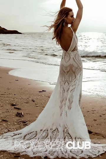 Mary |Long Beach Wedding Dresses Near Me With Floral Mermaid V Neck Plunging Boho Lace Sweep Train - Price #price_variant_lowest# - White - PromDressClub