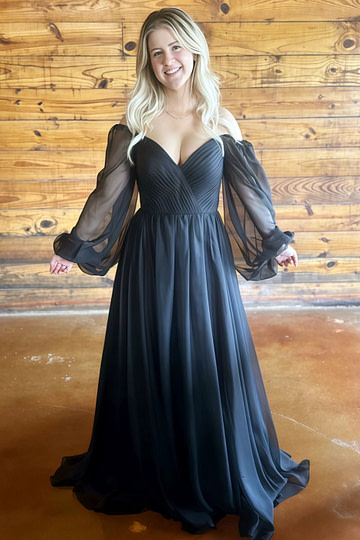 Maud | Black Tie A Line Off the Shoulder Long Puff Sleeve Wedding Dress - Black - PromDressClub